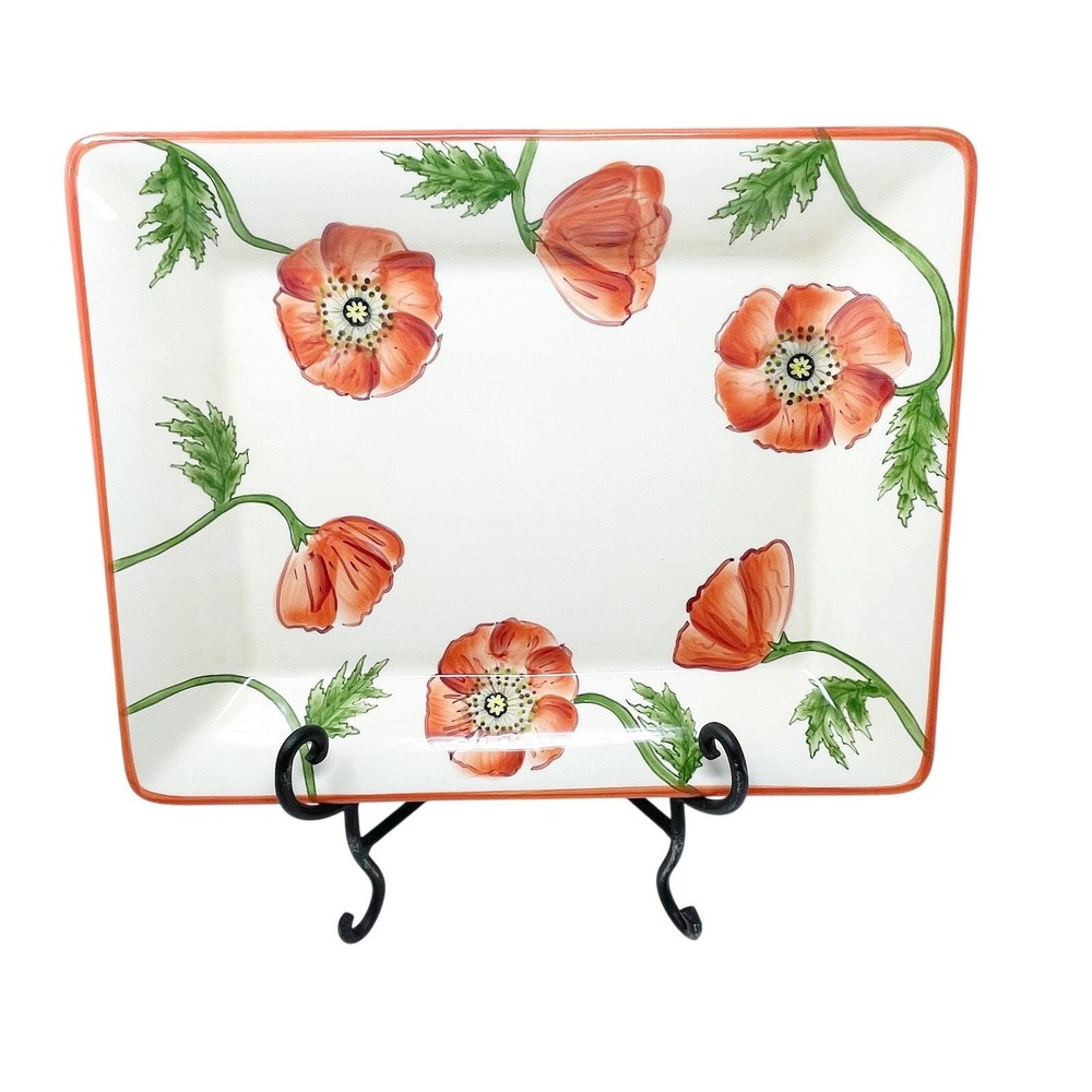 Vintage Clay Art Poppies Ceramic Serving Dish Large Rectangle Hand Painted 1999